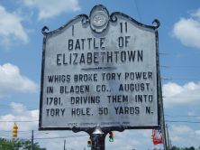  "BATTLE OF ELIZABETHTOWN, Whigs broke Tory power in Bladen Co., August, 1781, driving them into Tory Hole, 50 yards N."