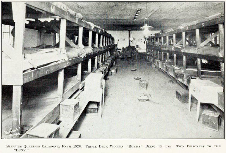 Caledonia Prison Farm sleeping quarters, 1926. Image from the Biennial report of the State's Prison 1925-1926 in the North Carolina Digital Collections.. Caledonia Prison Farm sleeping quarters, 1926. Image from the Biennial report of the State's Prison 1925-1926 in the North Carolina Digital Collections..