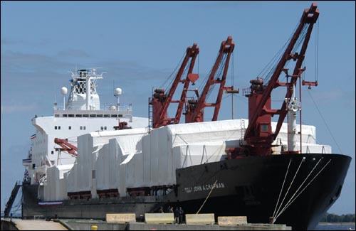 MV TSgt. John A. Chapman, ship, at Military Ocean Terminal, Sunny Point in Southport, N.C, 2005. Image courtesy of James Pleasants via the U.S. Navy. MV TSgt. John A. Chapman, ship, at Military Ocean Terminal, Sunny Point in Southport, N.C, 2005. Photography by James Pleasants courtesy of the U.S. Navy.