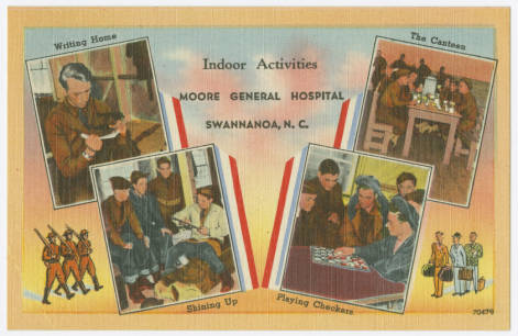 "Indoor Activities, Moore General Hospital, Swannanoa, N.C." Image courtesy of the North Carolina Postcard Collection, UNC-Chapel Hill Libraries. " Indoor Activities, Moore General Hospital, Swannanoa, N.C." Image courtesy of the North Carolina Postcard Collection, UNC-Chapel Hill Libraries.