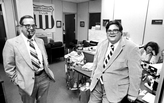 Tom Ellis (left) and Carter Wren (right) at the National Congressional Club office, November 12, 1979. Copyright News & Observer, all rights reserved. Used with permission. Housed at the N.C. State Archives, call no. NO_18426Fr25. Tom Ellis (left) and Carter Wren (right) at the National Congressional Club office, November 12, 1979. Copyright News & Observer, all rights reserved. Used with permission. Housed at the N.C. State Archives, call no. NO_18426Fr25.