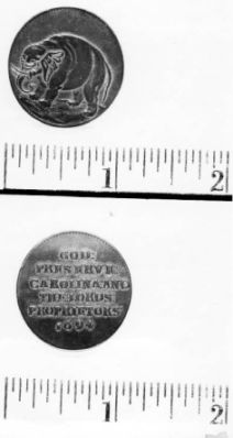 Colonial Coin, "God Preserve Carolina and Lords Proprietors, 1694." Image courtesy of NC Dept. of Cultural Resources Collections. Colonial Coin, "God Preserve Carolina and Lords Proprietors, 1694." Image courtesy of NC Dept. of Cultural Resources Collections.