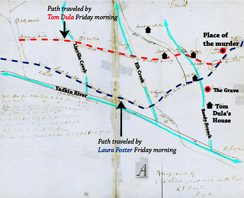 Paths walked by Tom Dula and Ann Melton, drawn over the original map drawn by Col. Isabel in the trial of Tom Dula. Courtesy of State Archives of NC. 
