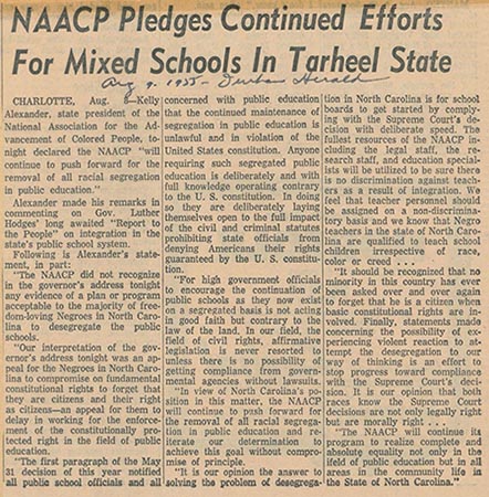 Image of an article entitled, "NAACP Pledges Continued Efforts for Mixed Schools in Tarheel State." 