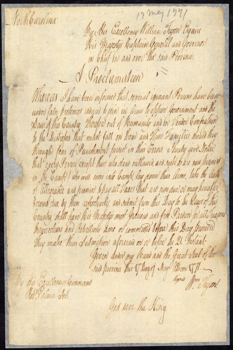 Image of a handwritten page from the Papers of William Tryon
