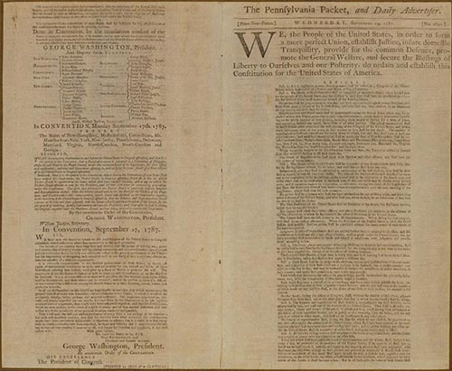 Image of the first public printing of the Constitution of the United States.