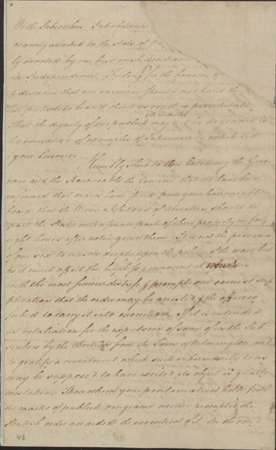 Image of the handwritten "A petition to protect families of loyalists"