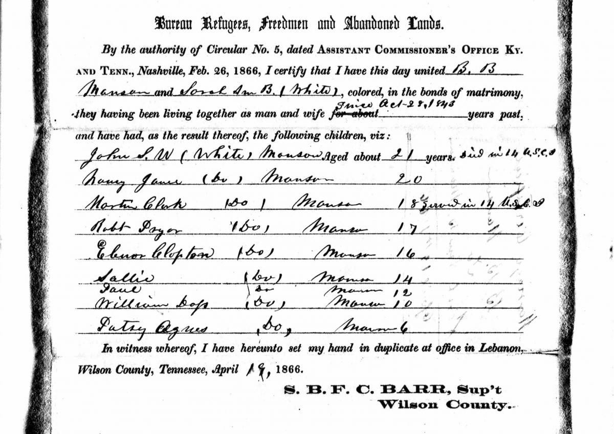Image of a marriage certificate issued by the Freedmen's Bureau for Sarah and B. B. Manson