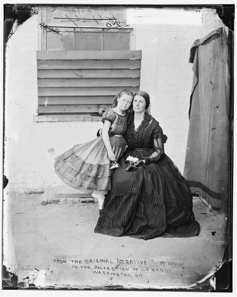 Photograph of Rose O'Neal Greenhow and her daughter taken at the Old Capital Prison during Greenhow's imprisonment there.
