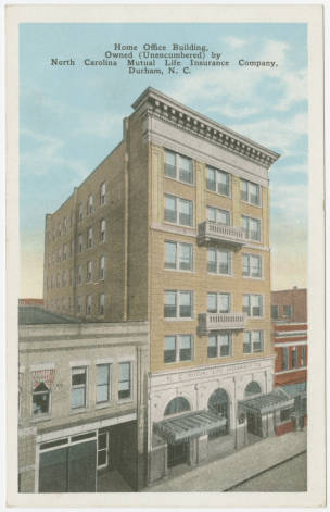 Postcard image of the North Carolina Mutual Life Insurance Company building, on Parrish Street in Durham, N.C. The company and building were at the heart of the thriving African American business district in Durham that became known as "Black Wall Street."