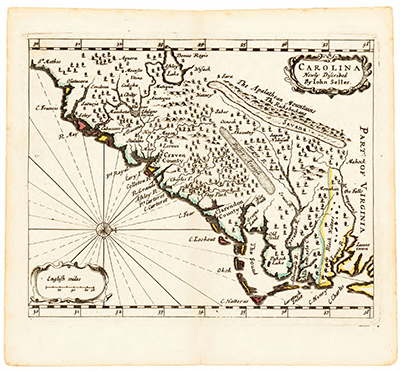 A map depicting the coastal region from Jamestown, Virginia southward along the North Carolina coast.