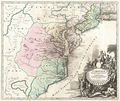 A map hand colored map illustrates the borders of Carolina and Virginia at the time. 