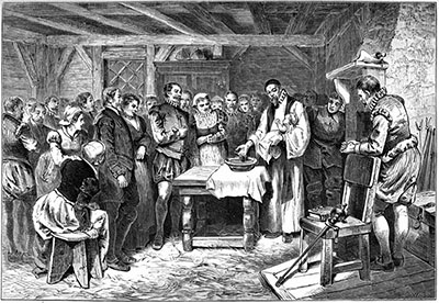 The Image depicts the Baptism of Virginia Dare. Several people gathered in front of a religious figure holds the child near a small bowl. 