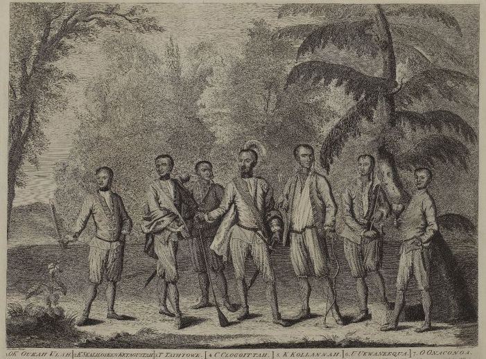 Print of the Cherokee ambassadors in England, 1730. Attakullakulla is in the center, identified with an alternative spelling of his name, "C Clogoittah." Image © Trustees of the British Museum. Print of the Cherokee ambassadors in European clothes in England, 1730. Attakullakulla is in the center, identified with an alternative spelling of his name, "C Clogoittah." Image © Trustees of the British Museum.
