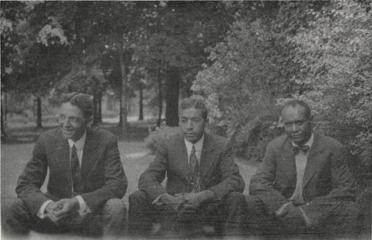 Photo of (left to right) D. K. Cherry, George B. Love and B. W. Barnes on A&T College Campus. C. 1920, Published in A&T ...at seventy-five...A Story of Progress and Service. The Bulletin of A&T College, Vol. 58, No.5, April 1967 