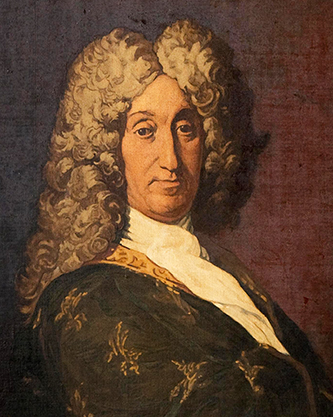 A 20th century oil painting of a portrait of a man with a large curly whitish grey hair. He is were lavish clothing and stand straight ahead. 