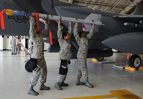 "Crew from the 333rd Aircraft Maintenance Unit attempt to load an AIM-9 Sidewinder missile onto an F-15E Strike Eagle at Seymour Johnson Air Force Base, N.C., Aug. 2, 2012." Image courtesy of Flickr user CherryPoint. "Crew from the 333rd Aircraft Maintenance Unit attempt to load an AIM-9 Sidewinder missile onto an F-15E Strike Eagle at Seymour Johnson Air Force Base, N.C., Aug. 2, 2012."