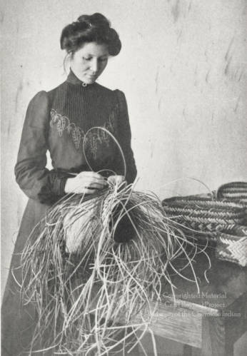 Arizona Swayney, a Cherokee student at Hampton Institute, making a basket, ca 1890s. 