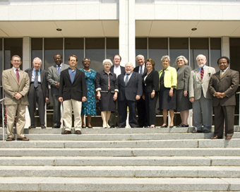  Dr. Richard D. Starnes, Prof. William S. Powell (emeritus), Dr. David C. Dennard, Dr. Harry L. Watson, Dr. Valerie A. Johnson, Dr. Mary Lynn Bryan, Mr. B. Perry Morrison Jr., Dr. Jerry C. Cashion (Chair), Dr. Jeffrey J. Crow (Secretary), Secretary Linda A. Carlisle, Department of Cultural Resources, Mrs. Millie Barbee (Vice-Chair), Mrs. Barbara Blythe Snowden, Dr. H. G. Jones (emeritus), Dr. Freddie L. Parker. Image from the North Carolina Office of Archives and History.
