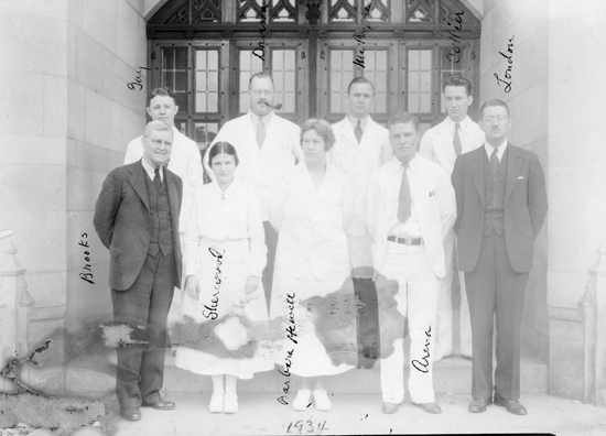 Photograph of Department of Pediatrics House Staff, Duke Hospital, 1934.  Item per00179, Duke University Medical Center Archives. Used by permission from Duke University Medical Center Archives.  Dr. Arthur London is in the front row on the far right.