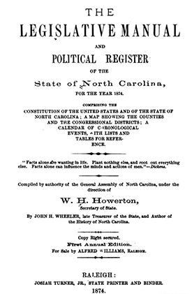 Title page of the first edition of the North Carolina Manual, 1874. Image from Archive.org.