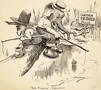 Political cartoon titled "The Fishin' Season" by Clifford K. Berryman, published 1920. Image from LearnNC.org.