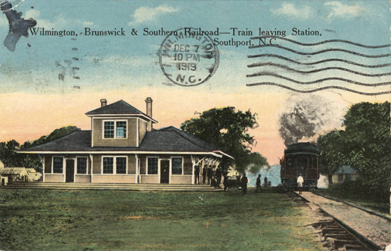 Postcard of the Wilmington, Brunswick and Southern Railroad station in Southport, N.C., circa 1919. Image from the North Carolina Collection of the University of North Carolina at Chapel Hill.