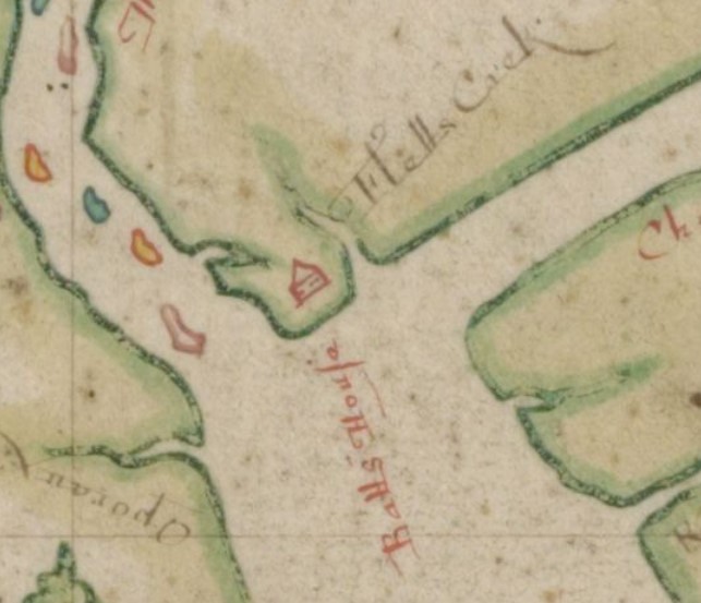 The Nicholas Comberford map of 1657 shows the house of Nathaniell Batts near the confluence of the Morattico (Roanoke) and Choan (Chowan) Rivers. New York Public Library