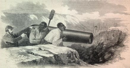  " A Rebel Captian Forces Negroes to Load Cannon Under the Fire of Berdan's Sharp Shooters- as seen through a telescope from our lines, and sketched by Mr. Mead." Harper Weekly, May 10, 1862.