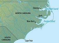 Map of major Carolina settlements at the time of Everard's leadership.