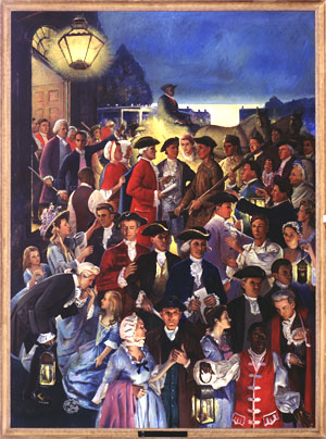 A large gathering of people leaving a meeting house at night.  The men are wearing coats, wigs, and tricorn hats.  The women are wearing long with full skirts and caps or bonnets.