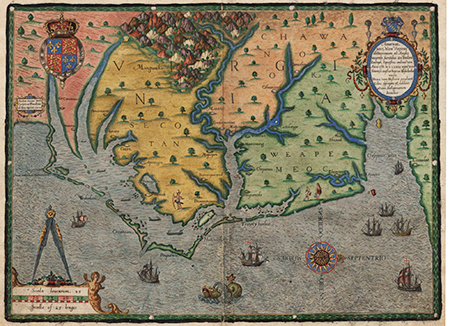  The map is a depiction of the North Carolina coast, then known as "Virginia",  in 1585. It shows a flag on the top left corner. Drawings of land trees and shrubbery and an ocean at the bottom of the map with ships.