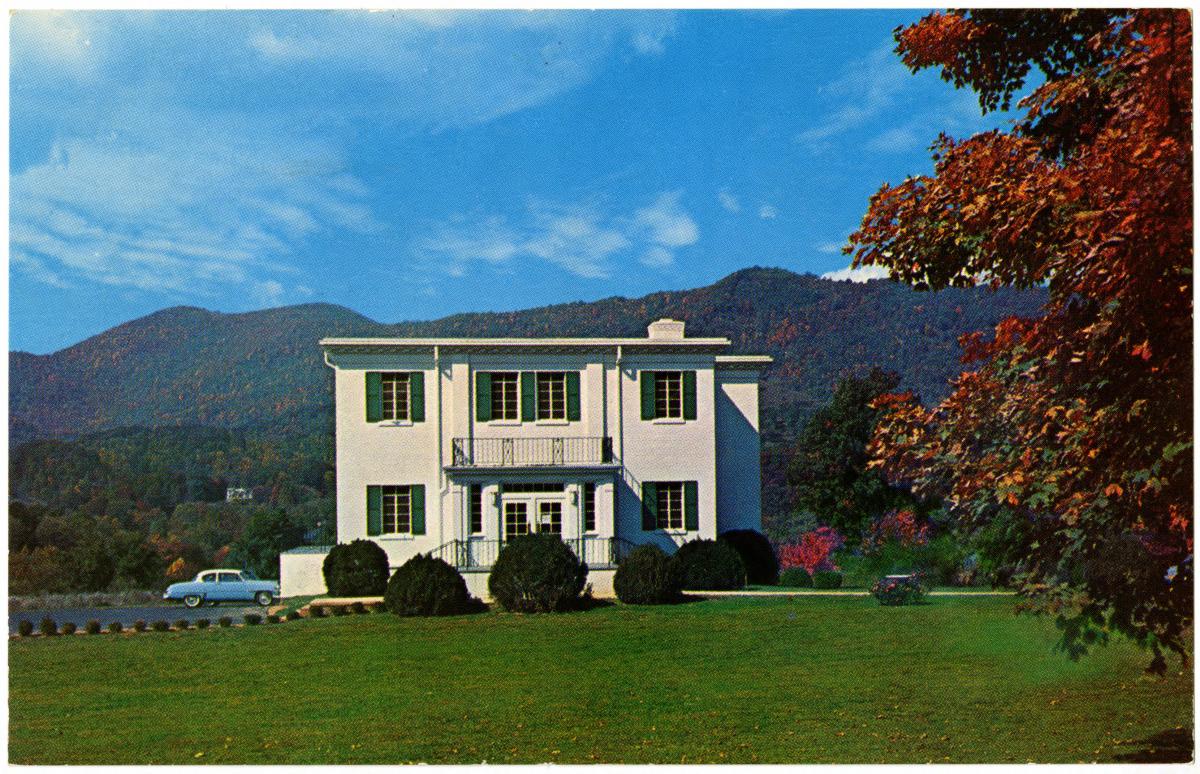 Postcard image of the Haywood County Public Library near the eastern entrance to the Great Smoky Mountains National Park, Waynesville, North Carolina.  Image circa 1955.  From the <i>Transforming the Tar Heel State</i> collection at North Carolina Digital Collections, North Carolina State Library and Archives.