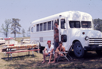 "Campers Come to Kerr Lake in all types of Vehicles."  Photograph, ca. 1970. From North Carolina Division of Parks and Recreation.