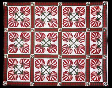 Cotton boll pattern applique quilt, made by Mary Frances Donohue Johnston, ca. 1850-1860, Caswell County, N.C. From the collections of the North Carolina Museum of History, used courtesy of the North Carolina Department of Cultural Resources. 