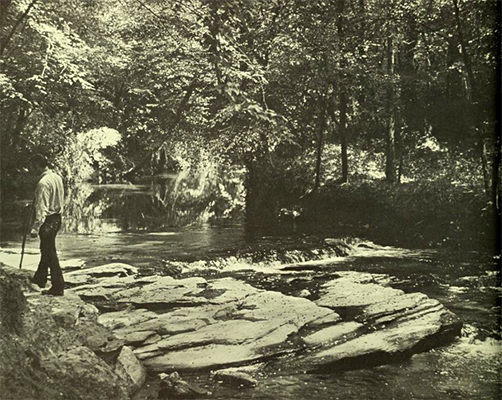 Photograph of hiker along river in Raven Rock State Park, ca. 1970s. From the <i>Raven Rock State Park Master Plan</i>, 1974, N.C. Division of Parks and Recreation.