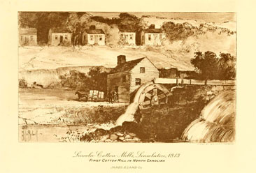 Image of the Lincoln Cotton Mills. Sepia print. It depicts a water mill with a horse and cart in front. There are houses in the background.
