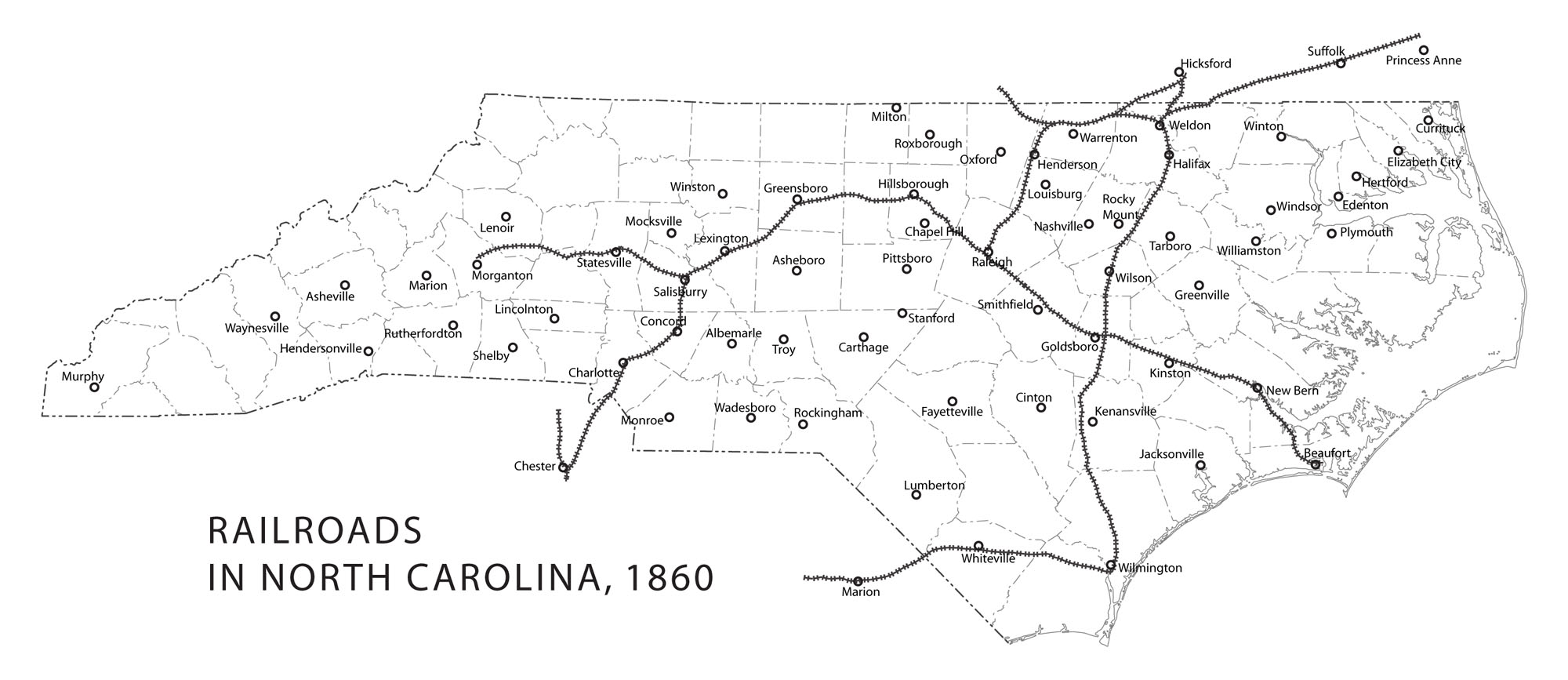 Map of Railroads in North Carolina in 1860