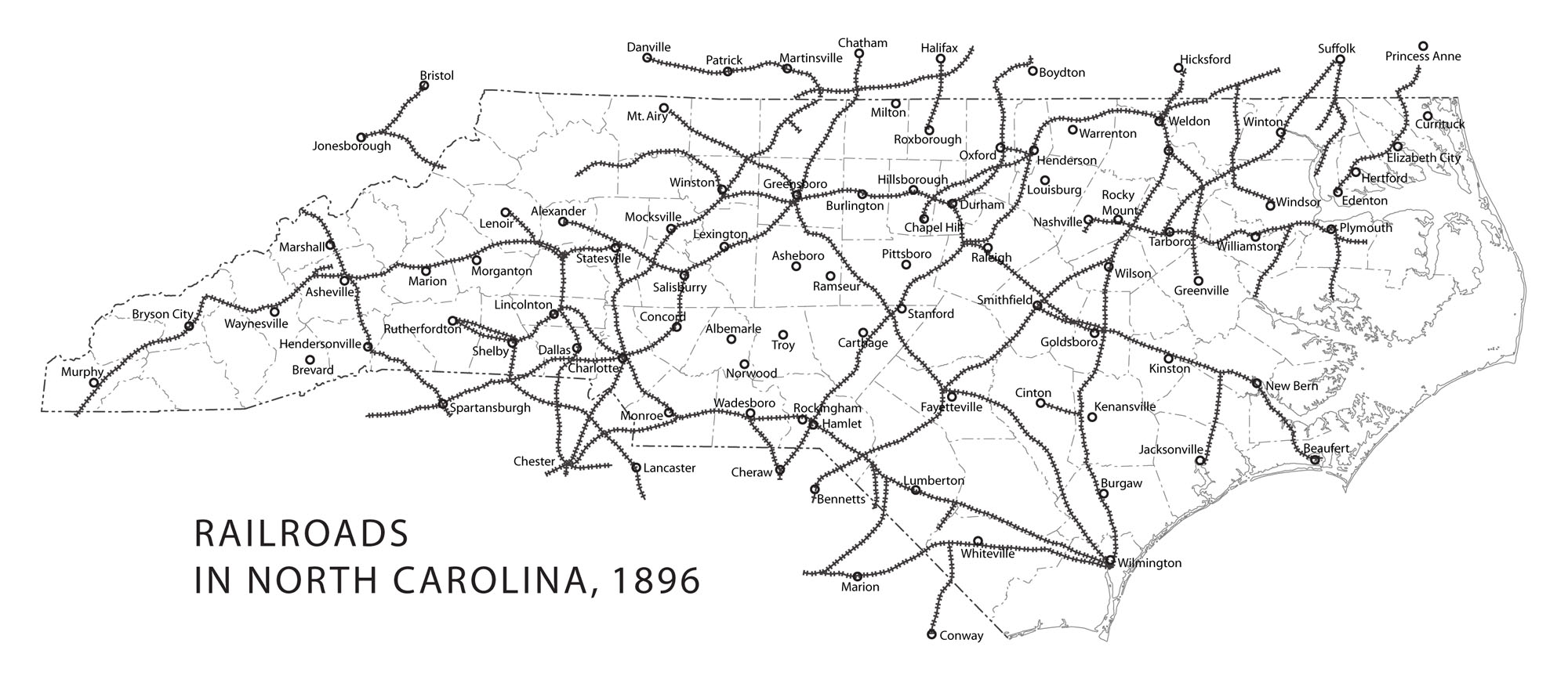 Map of railroads in North Carolina in 1896