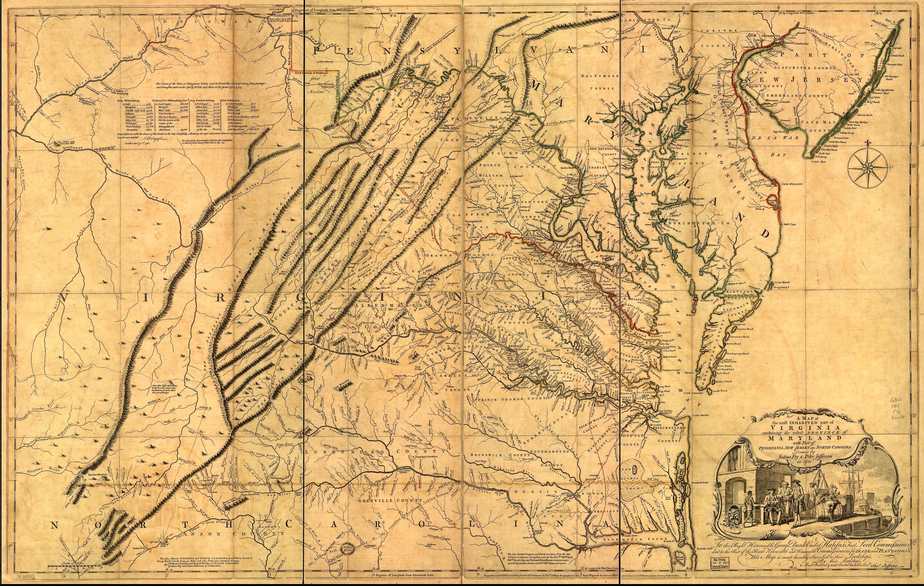 Fry-Jefferson map of Virginia, 1751, A map of the most inhabited part of Virginia containing the whole province of Maryland with part of Pensilvania, New Jersey and North Carolina