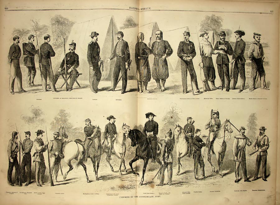 Image of a magazine illustration showing the different uniforms worn by Confederate soldiers​.