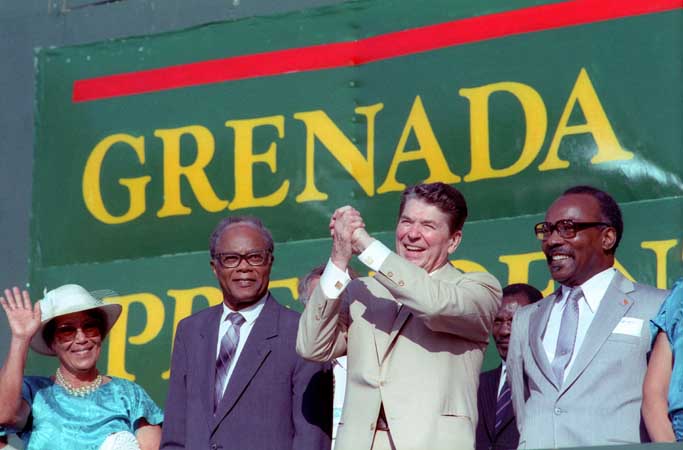 Photo of President Reagan speaking to the citizens of Grenada