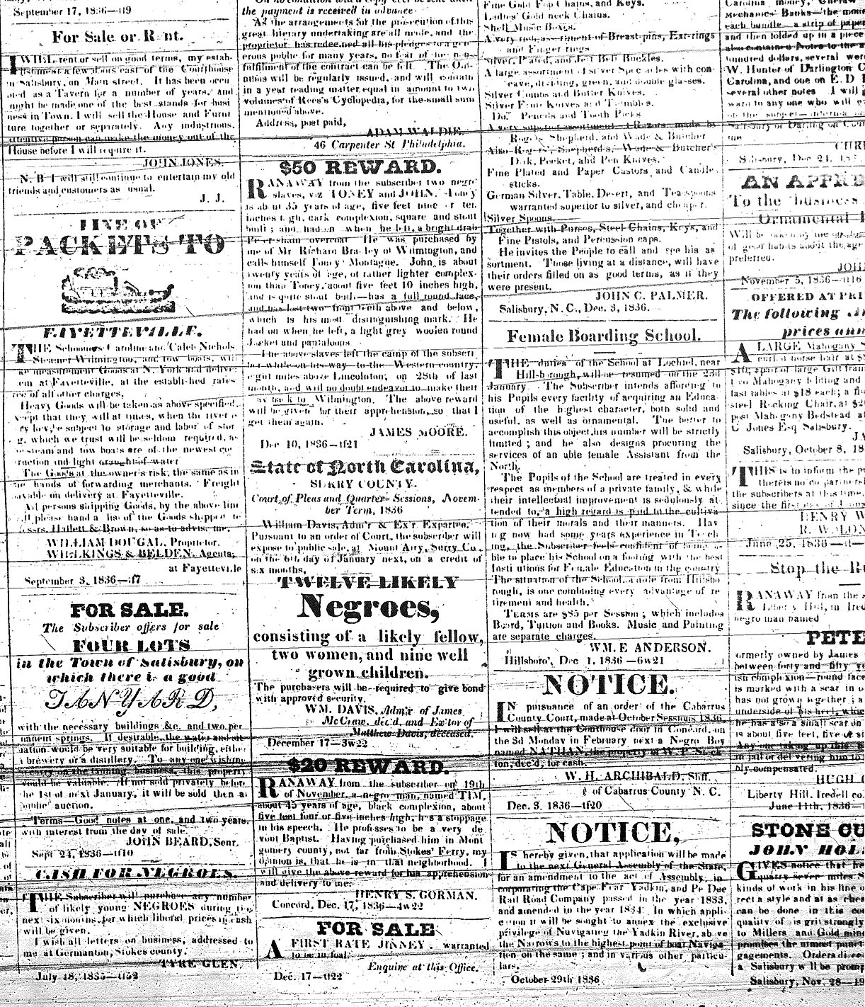 Image of Carolina Watchman ads from January 7, 1837