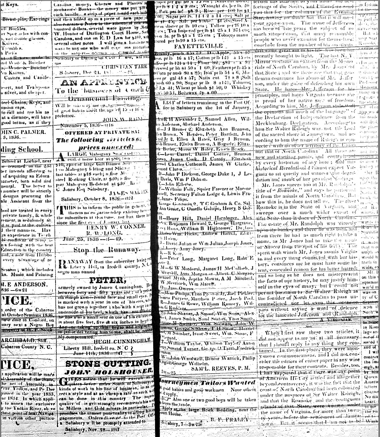Image of Carolina Watchman ads from January 7, 1837