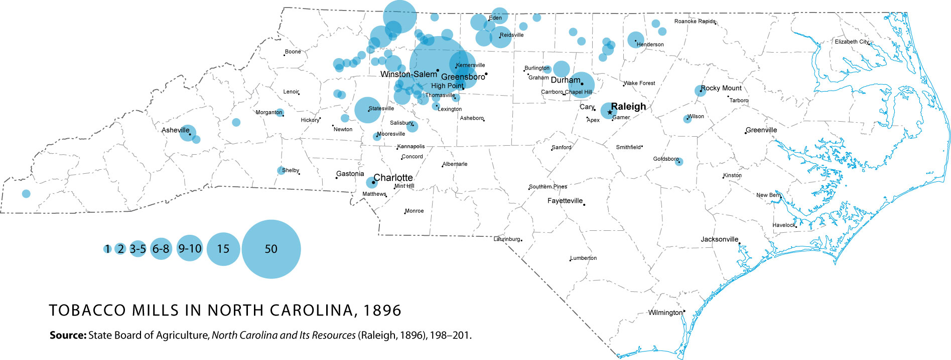 Map of North Carolina displaying amount of Tobacco mills in 1896