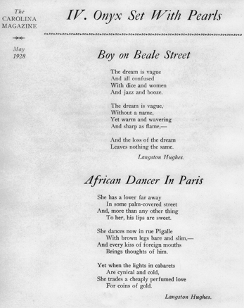 Langston Hughes poems featured in the May 1928 issue of the Carolina Magazine, one of the several incarnations of the modern-day Carolina Quarterly. North Carolina Collection, University of North Carolina at Chapel Hill Library.