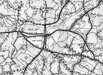 Map of Shelby, a round town until 1957. North Carolina Collection, University of North Carolina at Chapel Hill Library.