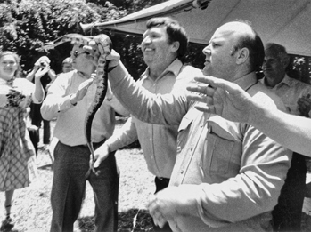 Snake handling at a nondenominational church in Canton, 1985. Photograph by Bob Scott. Courtesy of the Asheville Citizen-Times.