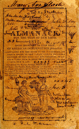 A heavily annotated Henderson's Almanack for 1812. Image from Archive.org/University of North Carolina at Chapel Hill.