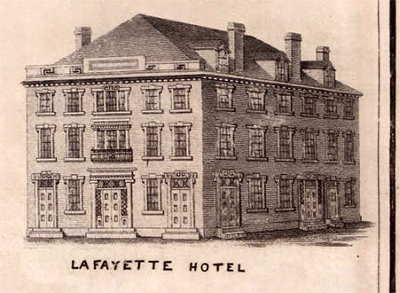 Image of the Lafayette Hotel in Fayetteville, N.C. Excerpted from John MacRae's 1825 map of Fayetteville.  Call number Cm912c F28 1825, North Carolina Collection, UNC-Chapel Hill.  Presented online at North Carolina Maps. The hotel was Donaldson's first architectural venture and was built for the 1825 visit of General Lafayette.